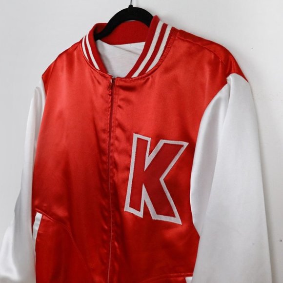 Vintage Kathy K Alphabet Varsity Red and White Satin Zip Up Bomber Jacket - Picture 4 of 5